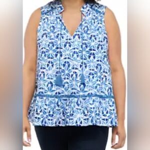 Crown & Ivy Sleeveless Blue and White Peplum Linen‎ Blend Blouse 2X